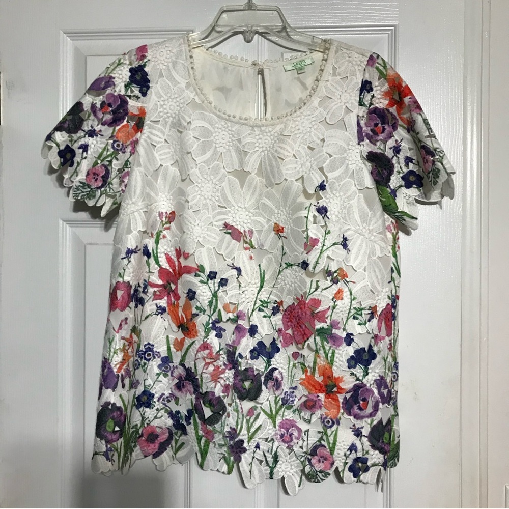 Jade Melody Tan Laser Cut Floral & White Top